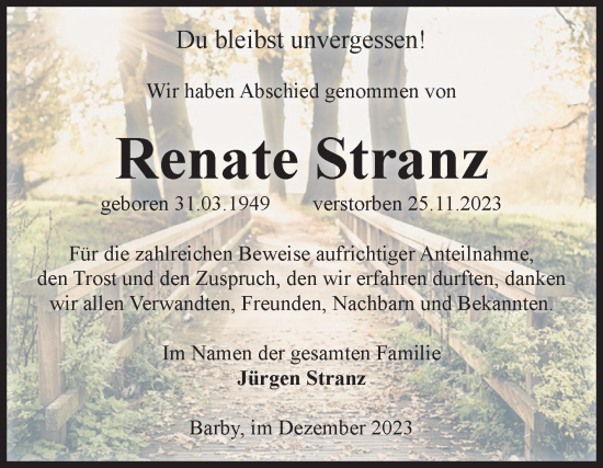 Traueranzeige von Renate Stranz von Volksstimme Schönebeck