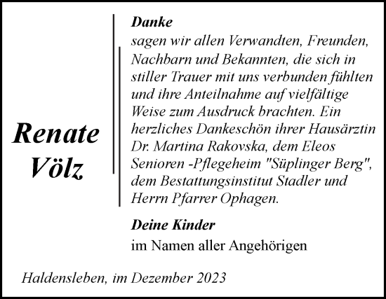 Traueranzeige von Renate Völz von Volksstimme Haldensleben/Wolmirstedt