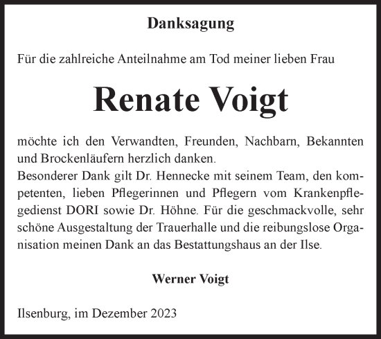 Traueranzeige von Renate Voigt von Volksstimme Wernigerode