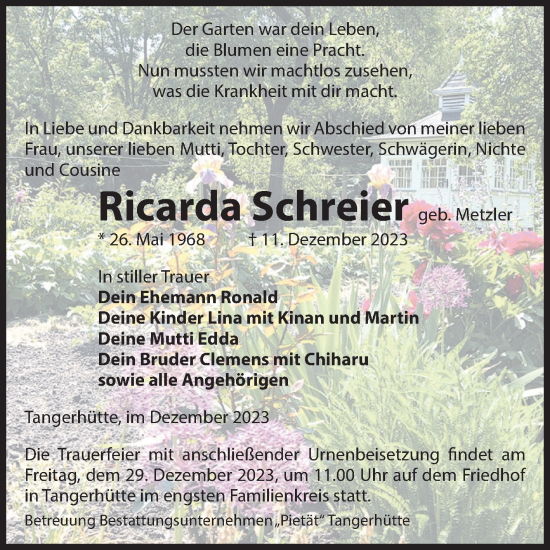 Traueranzeige von Ricarda Schreier von Volksstimme Altmark Ost