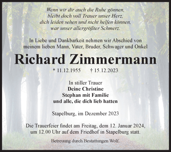 Traueranzeige von Richard Zimmermann von Volksstimme Wernigerode