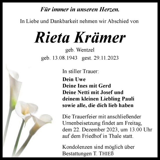 Traueranzeige von Rieta Krämer von Trauerkombi Quedlinburg