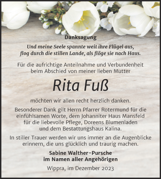 Traueranzeige von Rita Fuß von Mitteldeutsche Zeitung Mansfelder Land