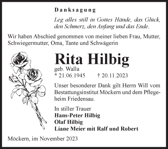 Traueranzeige von Rita Hilbig von Volksstimme Burg/Genthin
