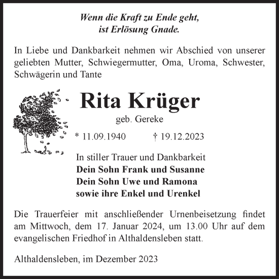 Traueranzeige von Rita Krüger von Volksstimme Haldensleben/Wolmirstedt
