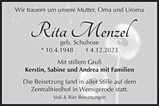 Traueranzeige von Rita Menzel von Volksstimme Wernigerode