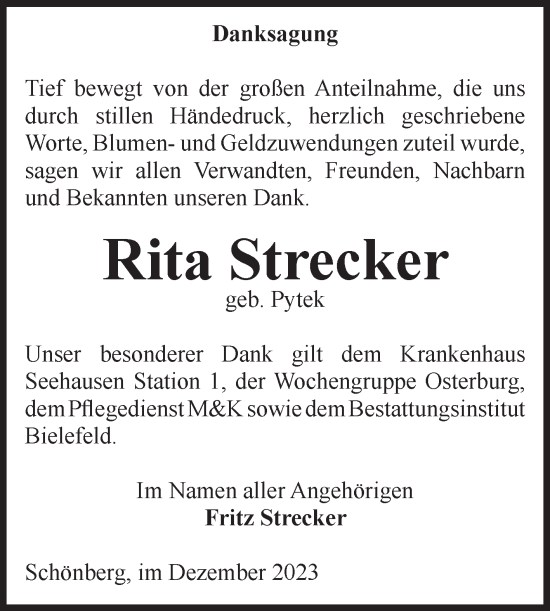 Traueranzeige von Rita Strecker von Volksstimme Altmark Ost