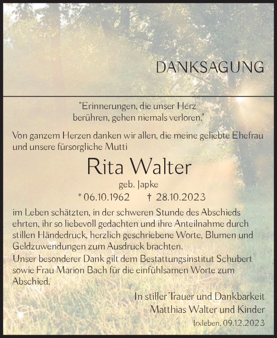 Traueranzeige von Rita Walter von Volksstimme Haldensleben/Wolmirstedt