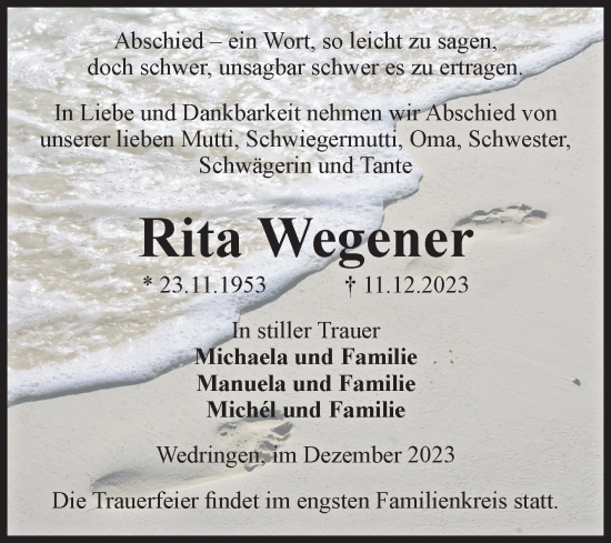 Traueranzeige von Rita Wegener von Volksstimme Haldensleben/Wolmirstedt