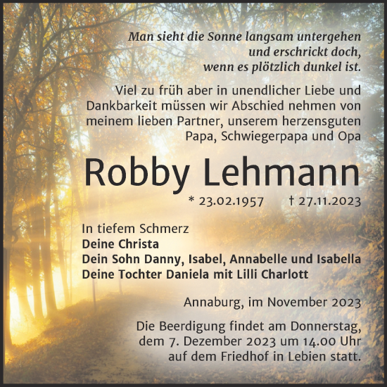 Traueranzeige von Robby Lehmann von Trauerkombi Wittenberg