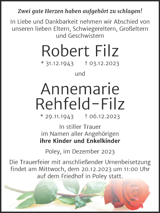 Traueranzeige von Robert und Annemarie  von Trauerkombi Bernburg