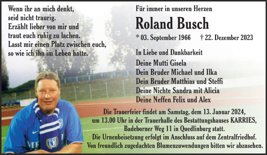 Traueranzeige von Roland Busch von Trauerkombi Quedlinburg