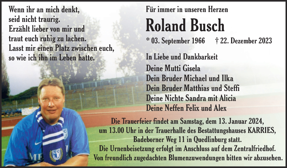  Traueranzeige für Roland Busch vom 30.12.2023 aus Trauerkombi Quedlinburg