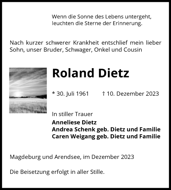 Traueranzeige von Roland Dietz von Volksstimme Altmark West