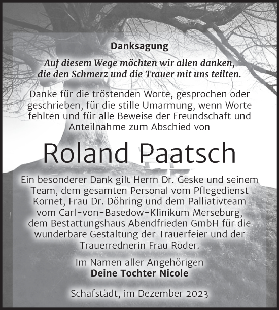 Traueranzeige von Roland Paatsch von Trauerkombi Merseburg