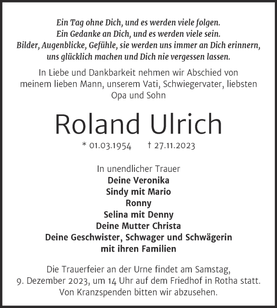 Traueranzeige von Roland Ulrich von Super Sonntag Sangerhausen