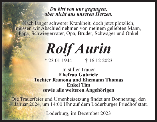Traueranzeige von Rolf Aurin von Volksstimme Staßfurt