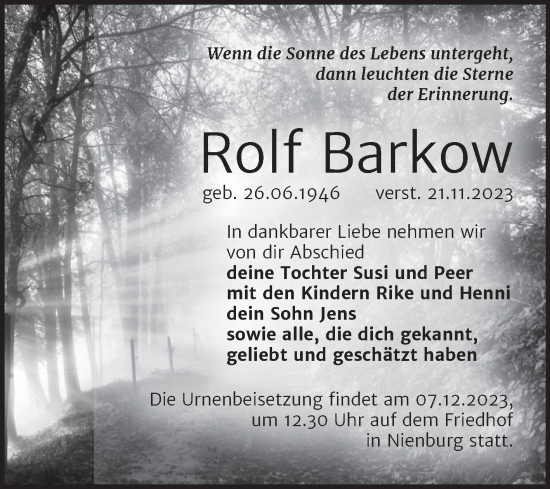 Traueranzeige von Rolf Barkow von Trauerkombi Bernburg