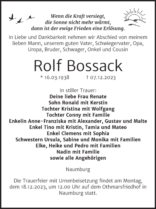 Traueranzeige von Rolf Bossack von Wochenspiegel Naumburg/Nebra