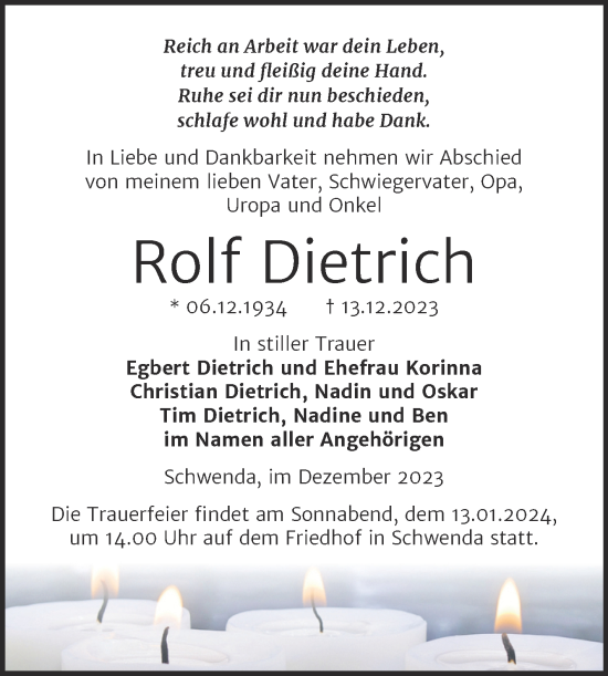 Traueranzeige von Rolf Dietrich von Trauerkombi Sangerhausen