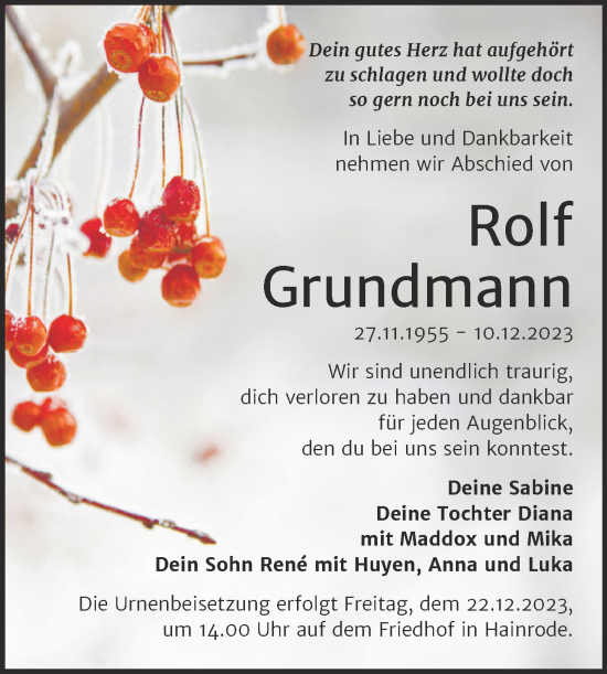 Traueranzeige von Rolf Grundmann von Trauerkombi Sangerhausen