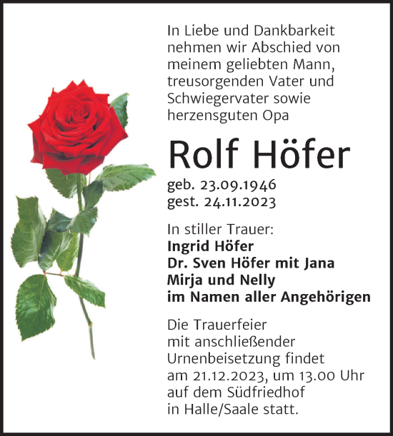 Traueranzeige von Rolf Höfer von Mitteldeutsche Zeitung Halle/Saalkreis