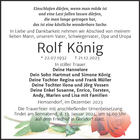 Traueranzeige von Rolf König von Trauerkombi Wittenberg