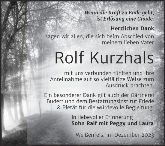 Traueranzeige von Rolf Kurzhals von Trauerkombi Weißenfels