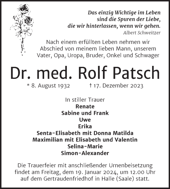 Traueranzeige von Rolf Patsch von Mitteldeutsche Zeitung Halle/Saalkreis