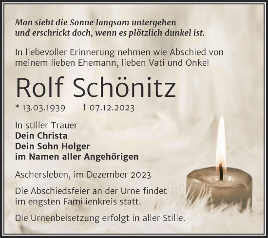 Traueranzeige von Rolf Schönitz von Trauerkombi Aschersleben