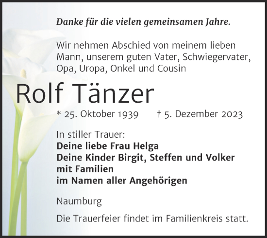 Traueranzeige von Rolf Tänzer von Wochenspiegel Naumburg/Nebra