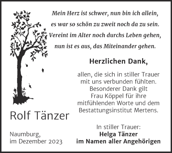 Traueranzeige von Rolf Tänzer von Naumburger Tageblatt