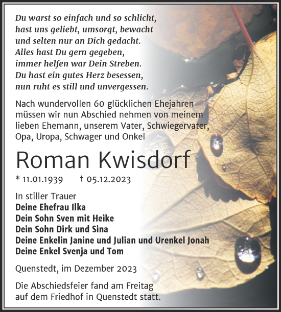 Traueranzeige von Roman Kwisdorf von Super Sonntag Aschersleben