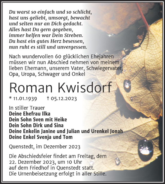 Traueranzeige von Roman Kwisdorf von Trauerkombi Mansfelder Land