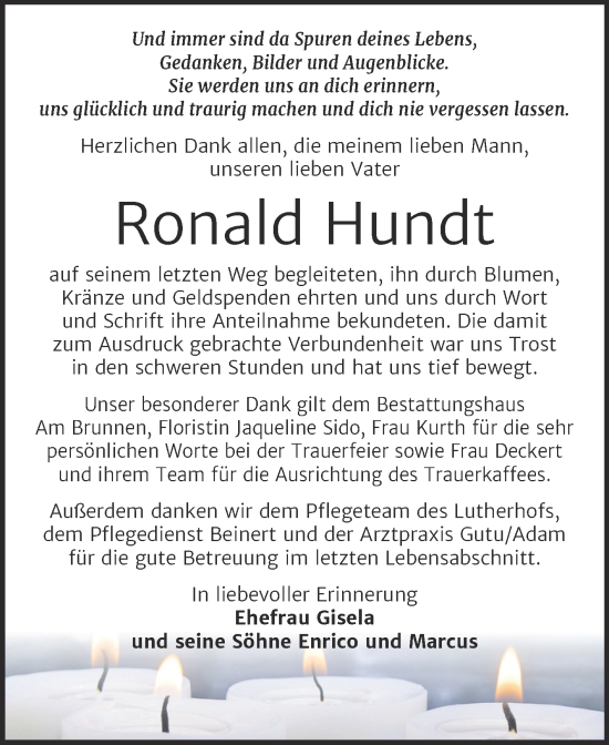 Traueranzeige von Ronald Hundt von Trauerkombi Mansfelder Land