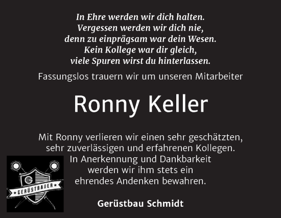 Traueranzeige von Ronny Keller von Super Sonntag Zeitz