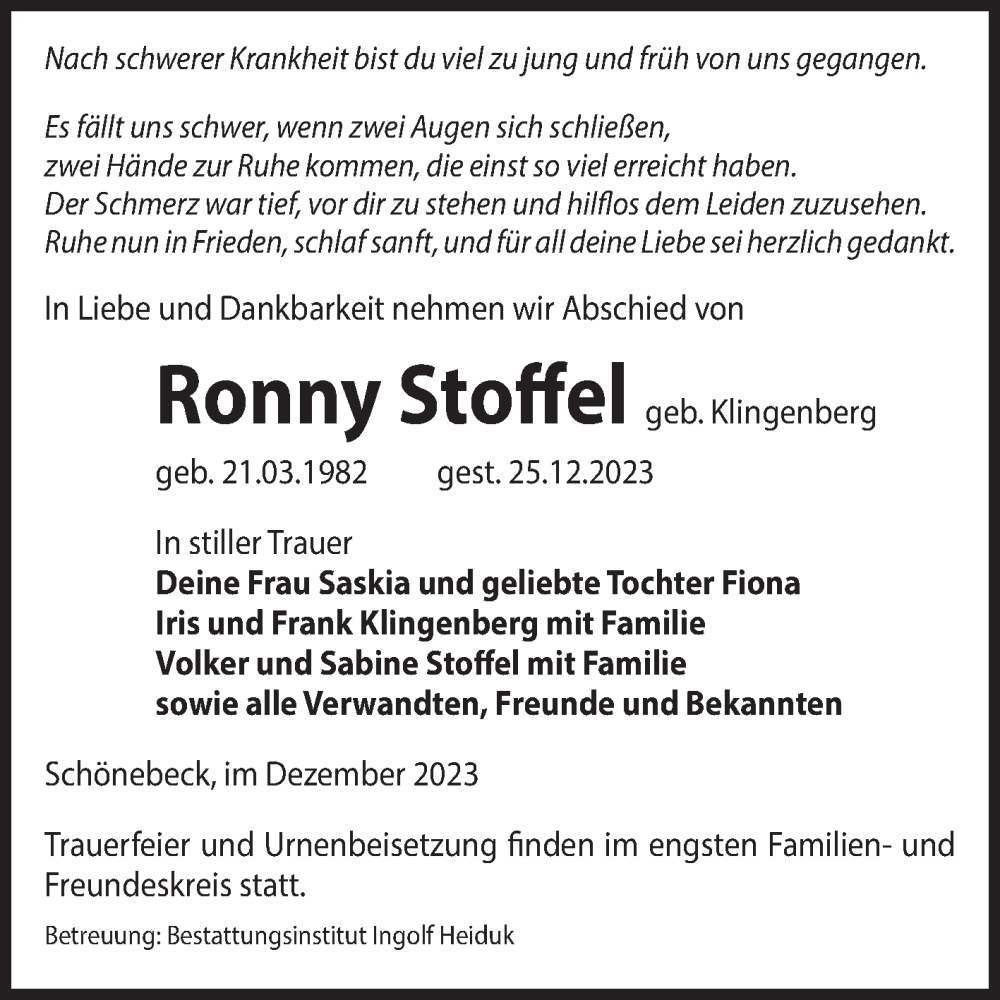  Traueranzeige für Ronny Stoffel vom 30.12.2023 aus Volksstimme Schönebeck