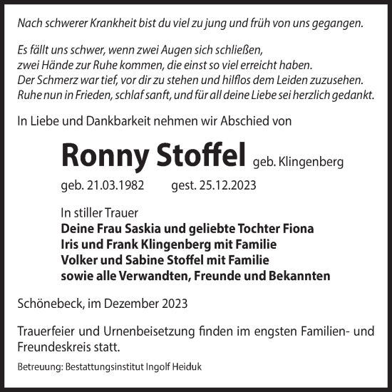 Traueranzeige von Ronny Stoffel von Volksstimme Schönebeck