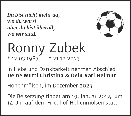 Traueranzeige von Ronny Zubek von Trauerkombi Weißenfels
