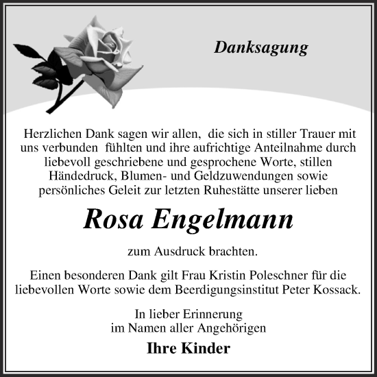 Traueranzeige von Rosa Engelmann von Trauerkombi Dessau