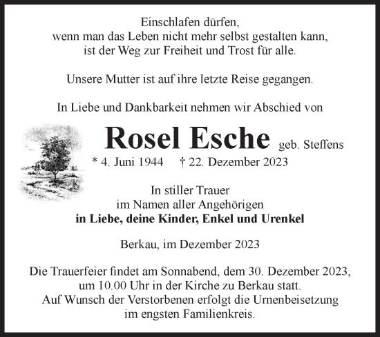 Traueranzeige von Rosel Esche von Volksstimme Altmark Ost
