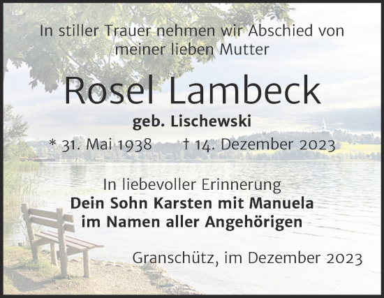 Traueranzeige von Rosel Lambeck von Trauerkombi Weißenfels