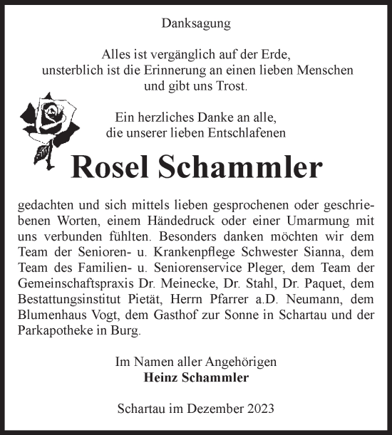 Traueranzeige von Rosel Schammler von Volksstimme Burg/Genthin