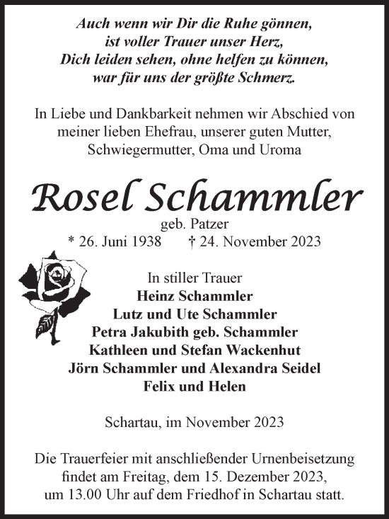 Traueranzeige von Rosel Schammler von Volksstimme Burg/Genthin