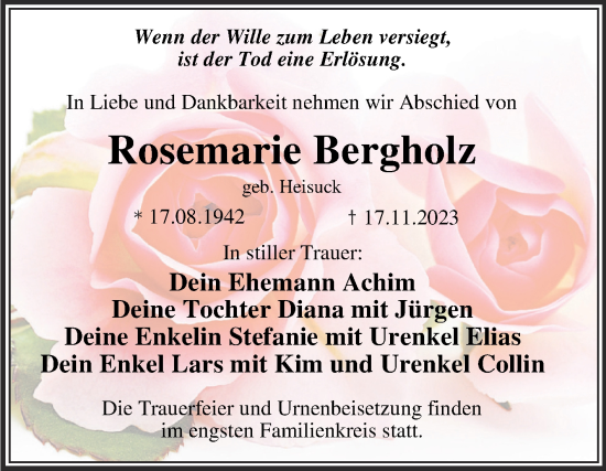 Traueranzeige von Rosemarie Bergholz von Super Sonntag Dessau-Roßlau