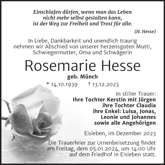 Traueranzeige von Rosemarie Hesse von Trauerkombi Mansfelder Land