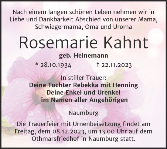 Traueranzeige von Rosemarie Kahnt von Wochenspiegel Naumburg/Nebra