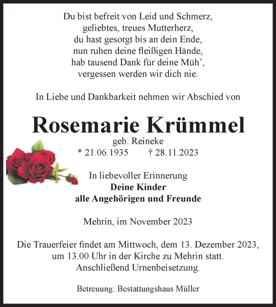 Traueranzeige von Rosemarie Krümme von Volksstimme Altmark West