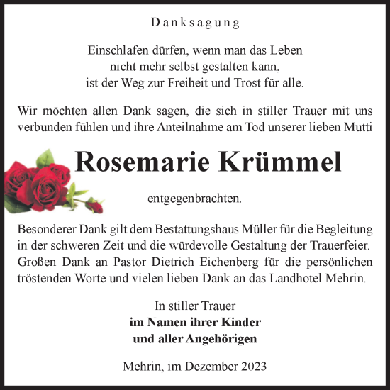 Traueranzeige von Rosemarie Krümmel von Volksstimme Altmark West