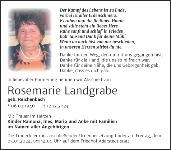 Traueranzeige von Rosemarie Landgrabe von Trauerkombi Bernburg